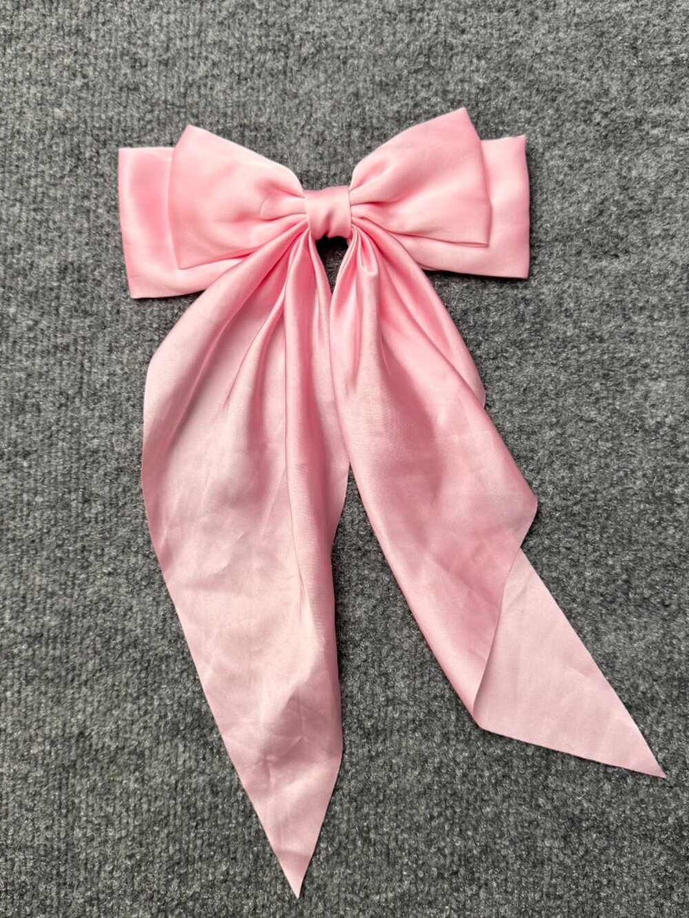 Pink Satin Bow Hair Clip Large Ribbon Barrette Handmade Long Tail Costume AS IS